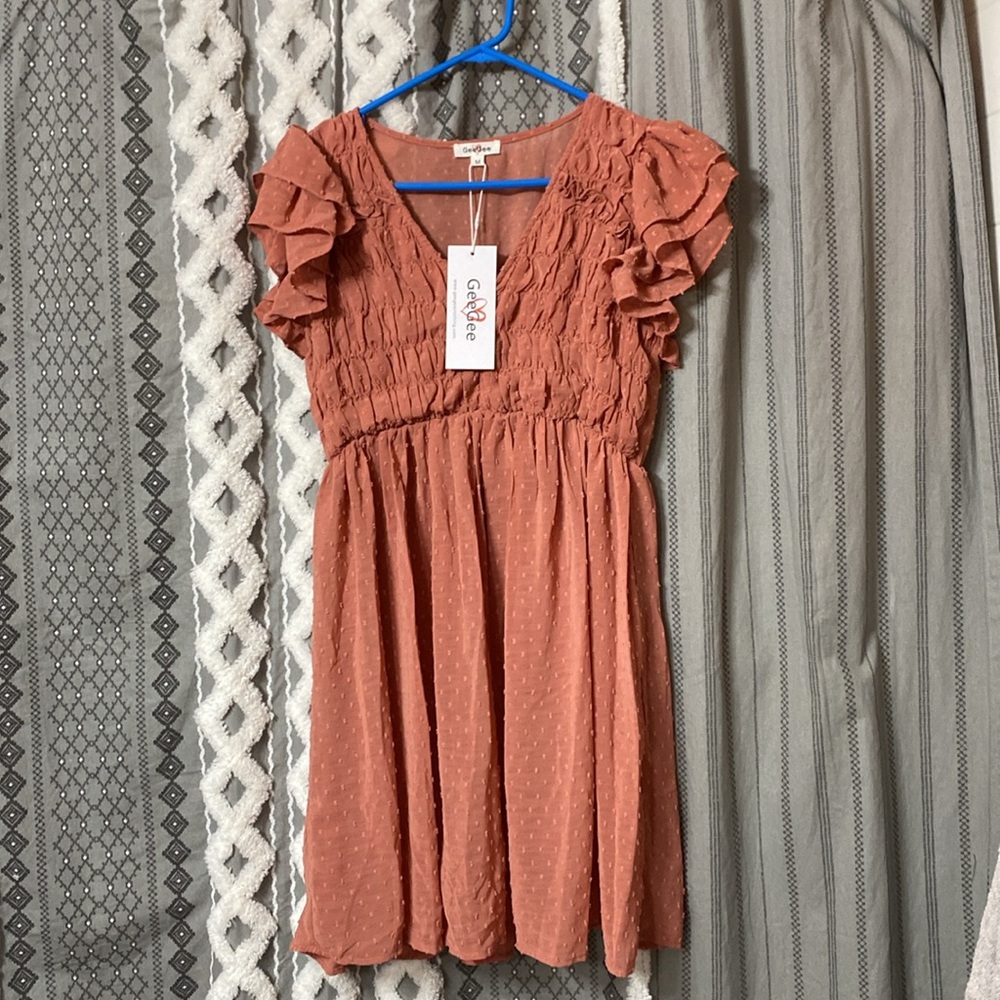 GeeGee Dress - SZ Medium - Terracotta color dress w/lining, swiss dot fabric - Picture 3 of 11